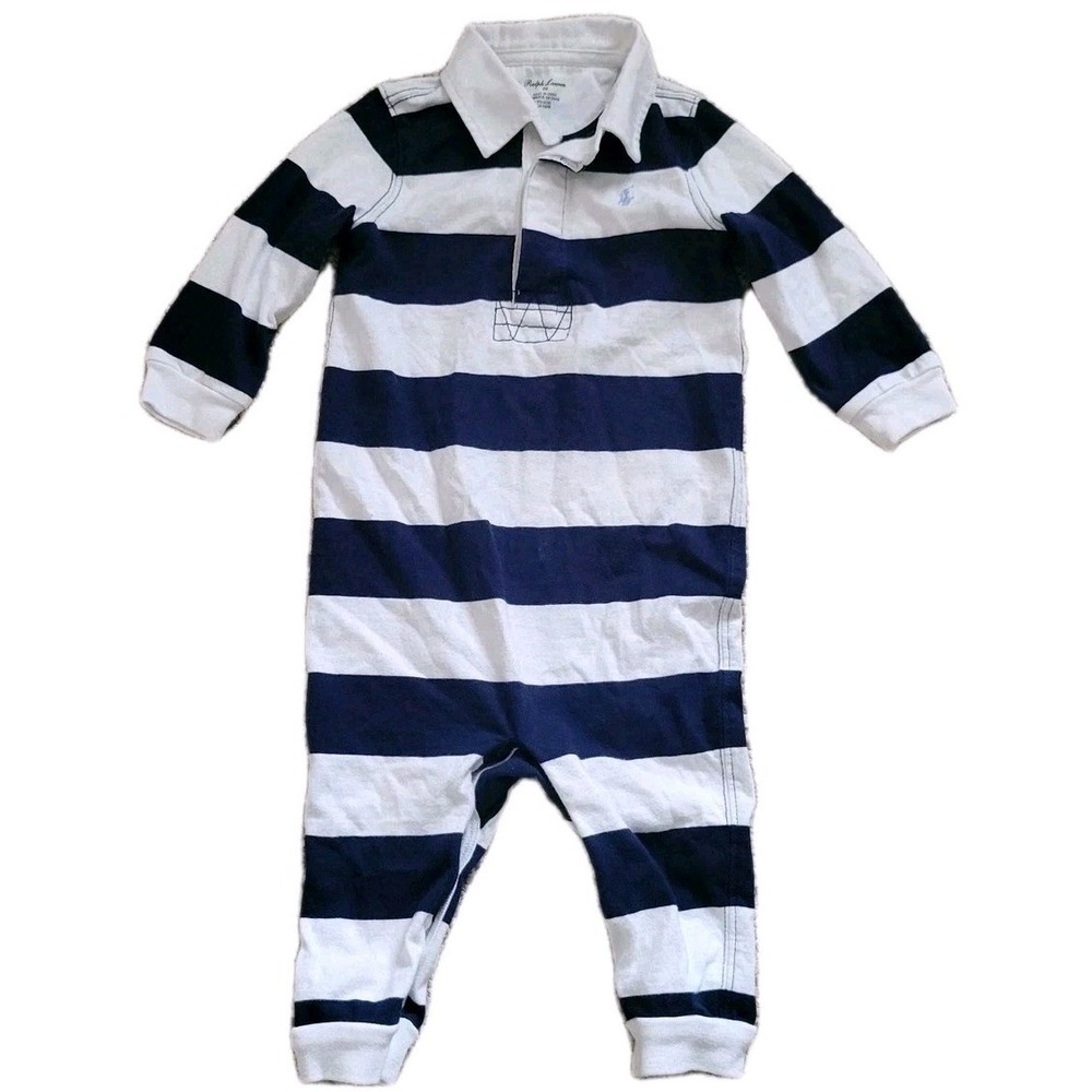 Ralph Lauren Baby Rugby Romper 9M Blue‎ White Striped Polo One Piece